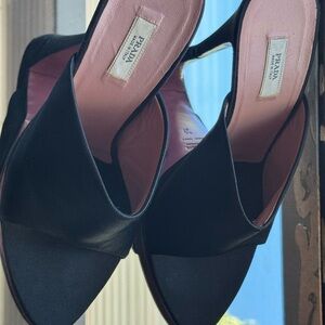 Black Prada Pointy Open Toe Satin Mule with clear heel size 37.5 EU